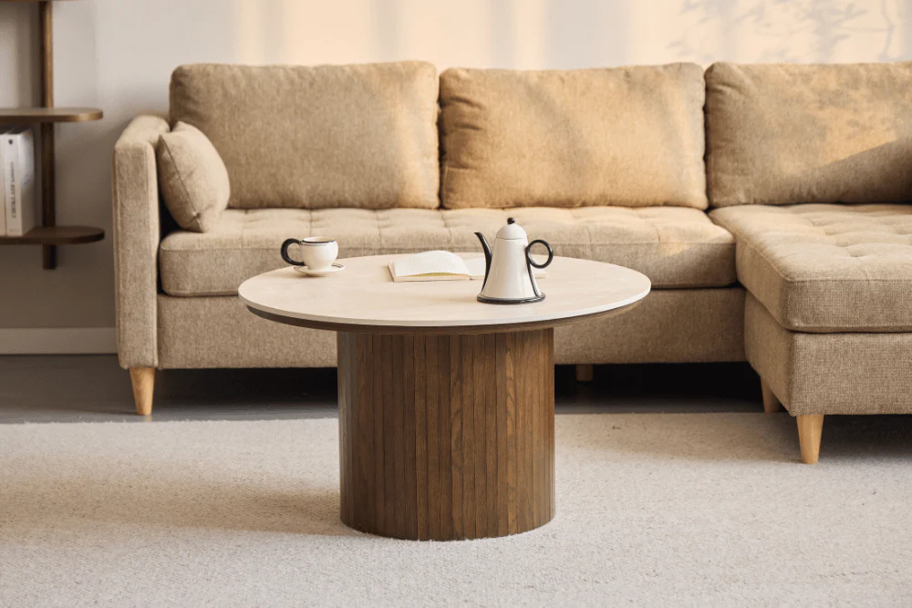 Enzo tavolino da soggiorno con piano in pietra e base a lamelle in rovere affumicato Ø78 cm - Image 6