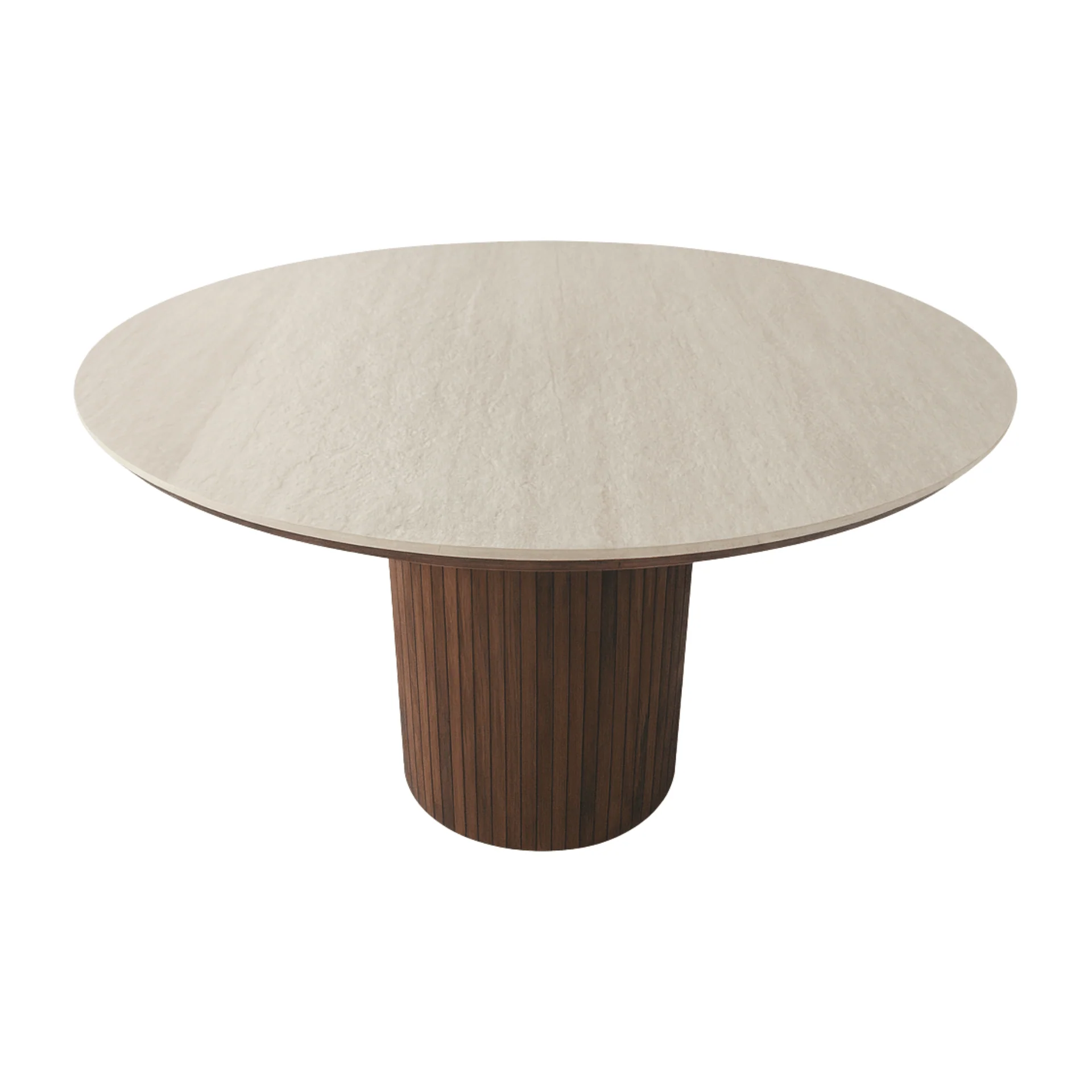 Enzo tavolo da pranzo rotondo con piano in pietra beige e base a doghe in rovere fumé Ø120 cm - Image 5