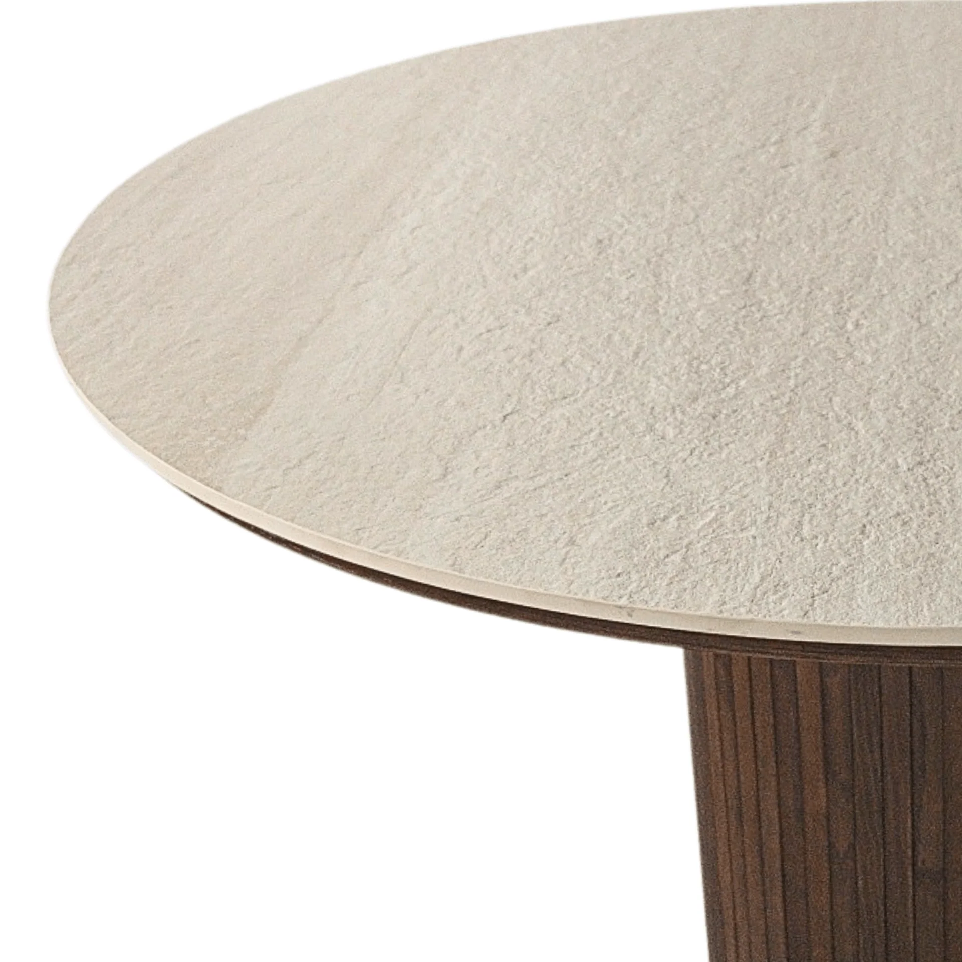 Enzo tavolo da pranzo rotondo con piano in pietra beige e base a doghe in rovere fumé Ø120 cm - Image 6