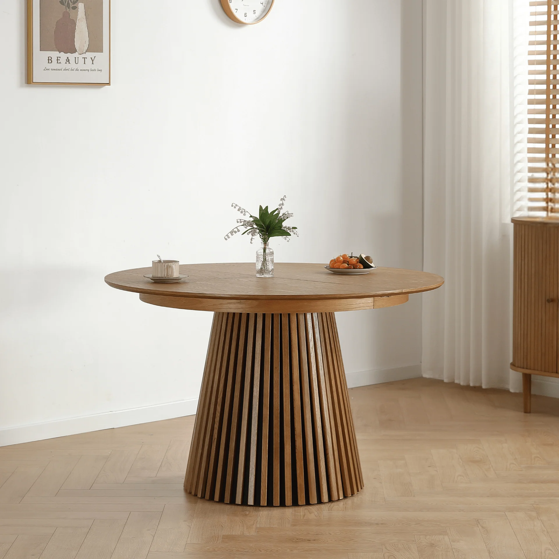 Lewis - Tavolo da pranzo rotondo a doghe impiallacciato in rovere con prolunga 100/140/180 cm - 2x prolunghe incluse - Image 4