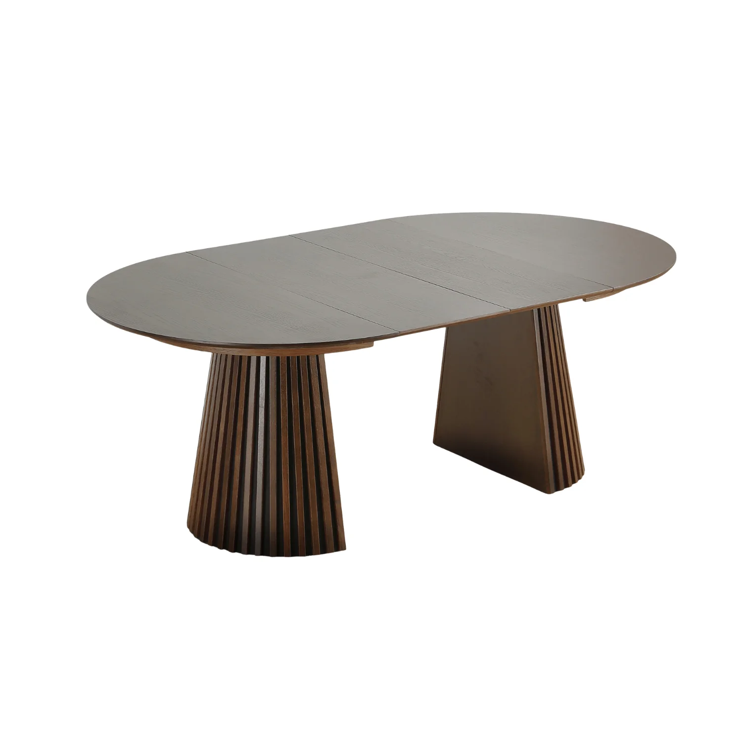 Lewis - Tavolo da pranzo rotondo a doghe impiallacciato rovere fumé con prolunga 100/140/180 cm - 2x prolunghe incluse