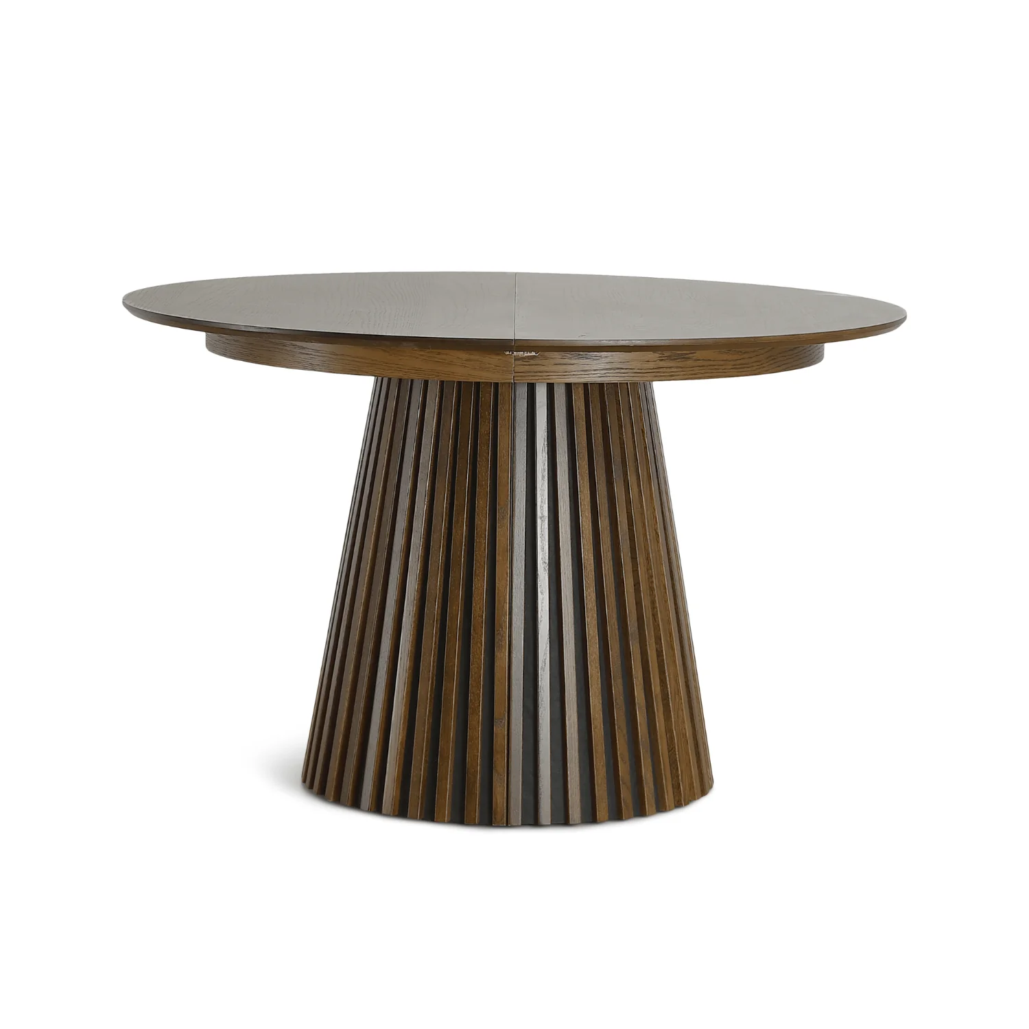 Lewis - Tavolo da pranzo rotondo a doghe impiallacciato rovere fumé con prolunga 100/140/180 cm - 2x prolunghe incluse - Image 5
