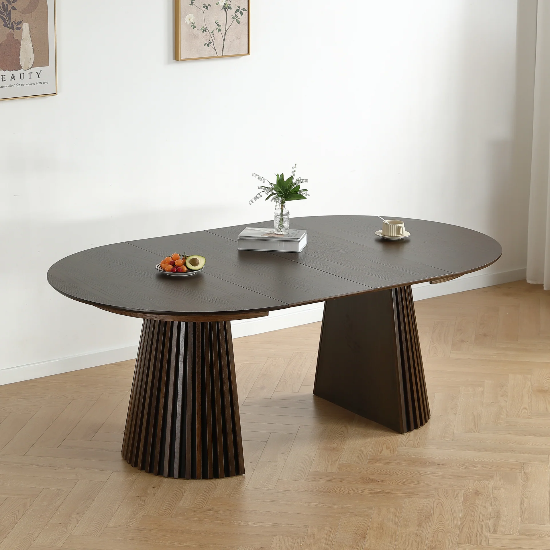 Lewis - Tavolo rotondo da pranzo in finitura rovere affumicato con prolunga 120/160/200 cm - 2x pannelli aggiuntivi inclusi - Image 4