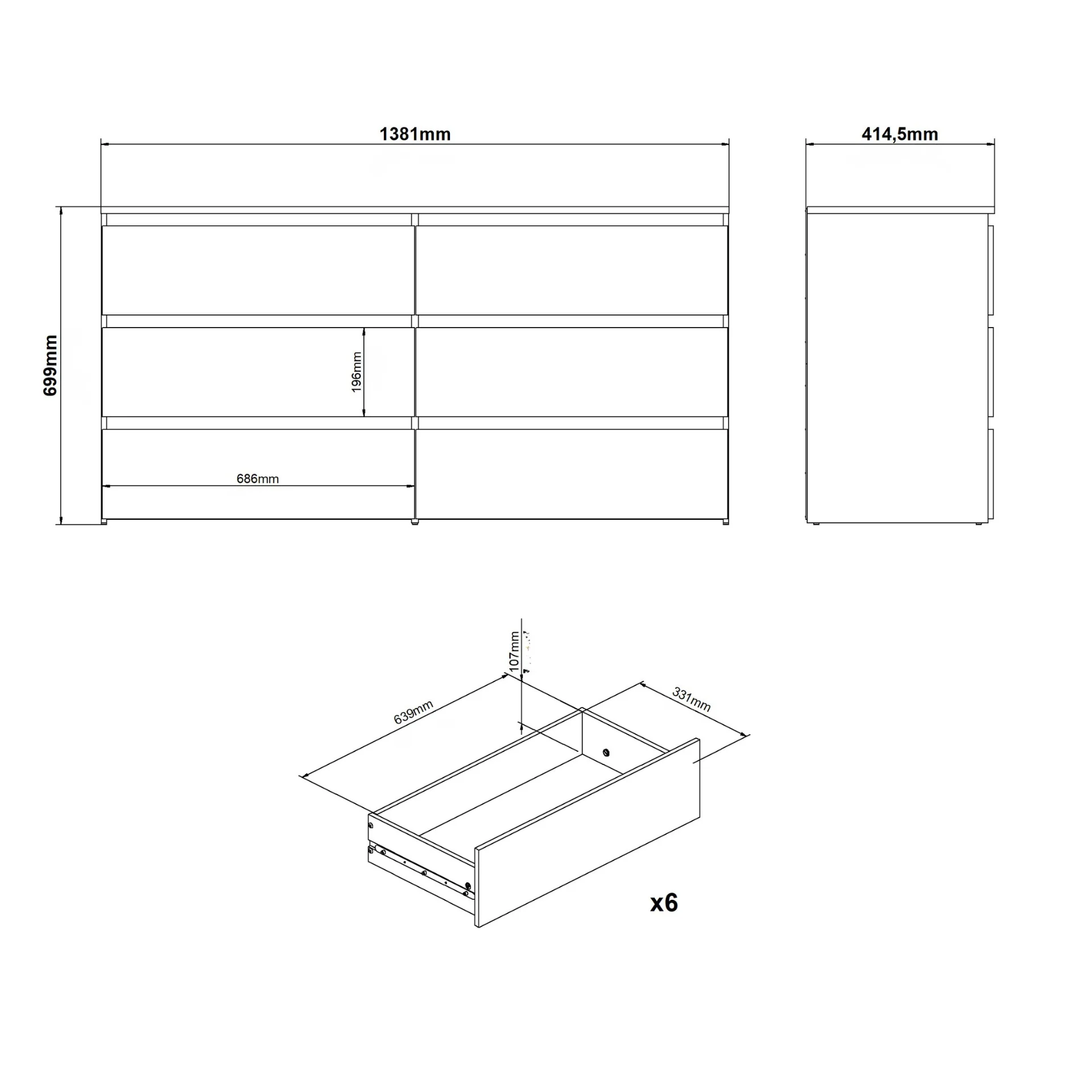 Maise cassettiera 70x138x41 cm con 6 cassetti in bianco - Image 8